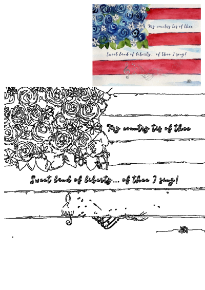 Patriotic watercolor art: American flag with blue flowers as the canton, red stripes, and 'My Country Tis Of Thee' lyrics.