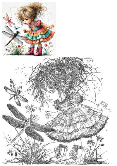 Whimsical watercolor of a curious girl with messy blonde hair and colorful dress watching dragonflies and butterflies in a garden.