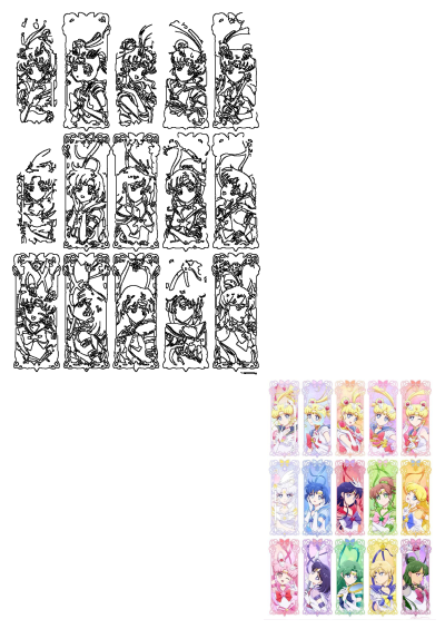 Sailor Moon characters in diverse forms, from intricate black and white line art outlines to bright, colorful framed portraits.