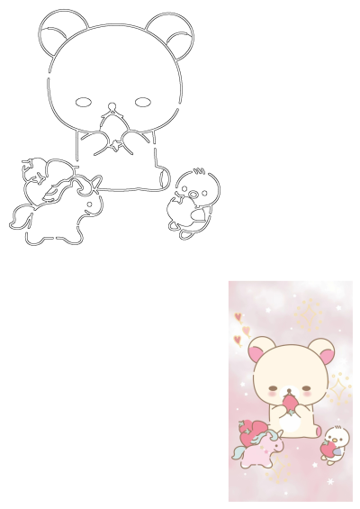 Cute cartoon bear enjoying a strawberry with its unicorn and chick friends on a sparkling pink background, perfect for sweet designs.