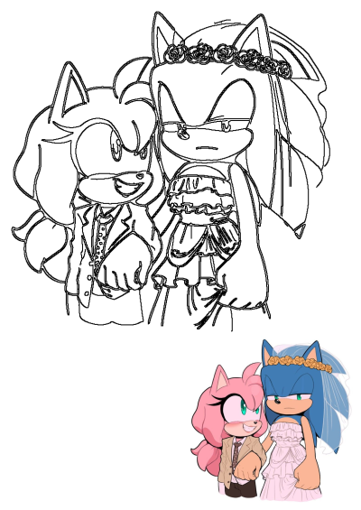 Sonic the Hedgehog in a wedding dress and veil with a flower crown, Amy Rose in a suit, for a wedding celebration.