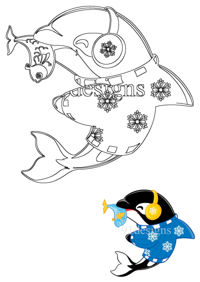 Cute winter orca clipart wearing cozy snowflake headphones and a blue sweater, holding a small fish. Ideal for animal and winter-themed designs.