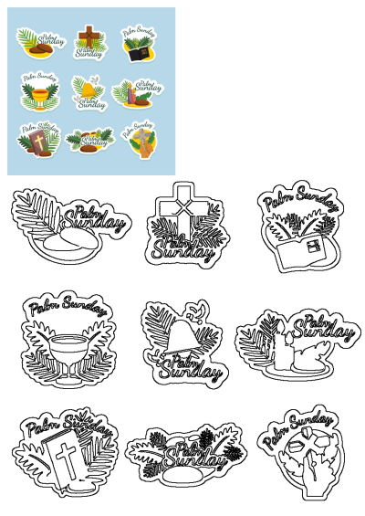 A set of colorful Palm Sunday religious stickers featuring icons like palm leaves, cross, Bible, chalice, and candles for Christian celebration.