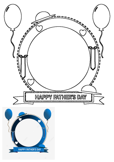 Happy Fathers Day Card Blue Balloons Circle Design outline drawing with decorative hats, ties, and hearts around a central frame.