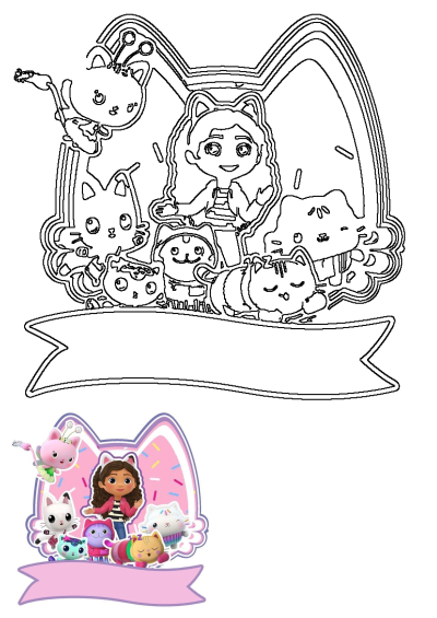 Printable Gabbys Dollhouse cake topper template with Gabby and her adorable cat characters, perfect for DIY party decorations.