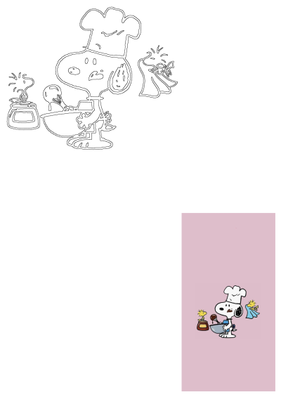 Cartoon image of Snoopy chef cooking and mixing ingredients in a bowl, with chocolate on his face, joined by his Woodstock friends.