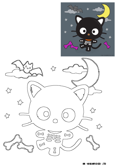 A whimsical black cat in a skeleton costume under a crescent moon with bats, stars, and pink bones for Halloween.
