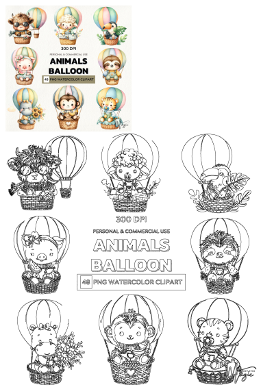 Watercolor and outline clipart of cute animals (cow, sheep, pig, monkey, tiger, hippo, sloth, toucan) in colorful hot air balloons. Great for crafts.