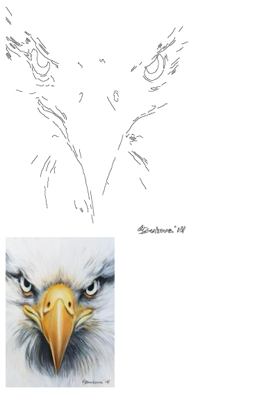 Detailed close-up portrait painting of a majestic bald eagle, showcasing its intense eyes, sharp yellow beak, and white feathered head.
