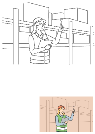 A smiling woman safety inspector in a hard hat and vest holds a clipboard, pointing up, possibly at a light switch or item on warehouse shelves.