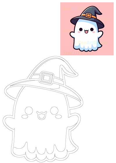 Cute cartoon ghost with a witch hat Halloween illustration, featuring a happy ghost with rosy cheeks. Includes an outline drawing for crafts.