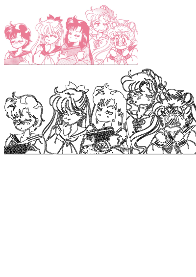 A retro manga style Sailor Moon Senshi lineup. Features expressive characters, with some colored pink and others as black outlines.
