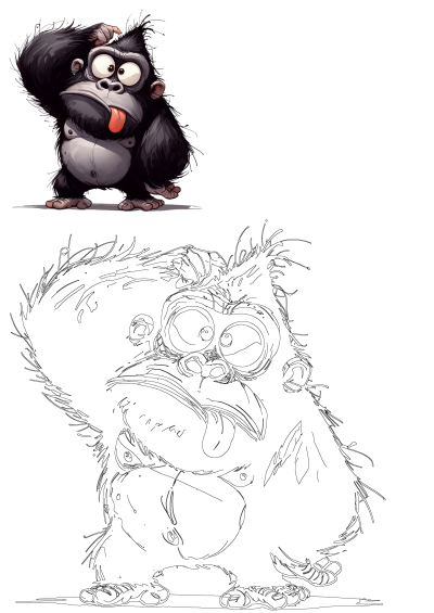 Cute cartoon gorilla sticking out its tongue and scratching head. Includes a line art outline for coloring activities.