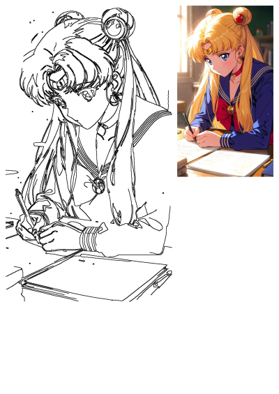 Sailor Moon, an anime character, focused on studying and writing with a pen on paper. She wears her school uniform and has blonde hair.