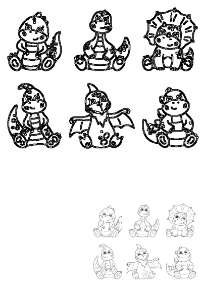 Cute cartoon baby dinosaur characters sitting, featuring various species like Triceratops and Pterodactyl in friendly outlines.