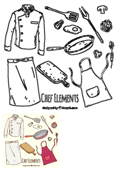 Detailed illustration of chef's uniform elements: jacket, pants, and apron. Also features kitchen cooking utensils and food items.