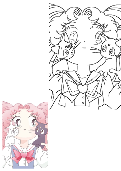 Pink-haired anime girl in Sailor Moon style with two cats (white and dark) on her shoulders, presented as a partially colored illustration.
