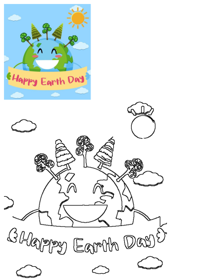 A vibrant Happy Earth Day illustration featuring a smiling planet Earth with green trees, a shining sun, and fluffy clouds in a blue sky.