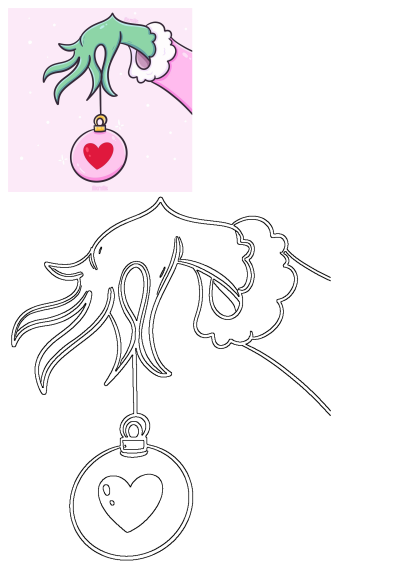 A festive cartoon Grinch hand in a pink sleeve holds a shiny pink Christmas ornament with a red heart on a snowy pink background.
