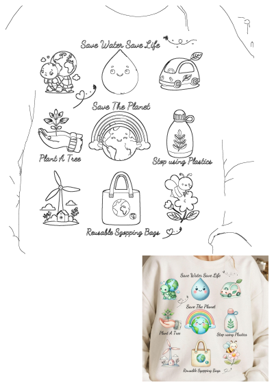 Eco Friendly Sweatshirt Save Water Save Life, featuring adorable illustrations promoting water conservation, planting trees, and sustainability.