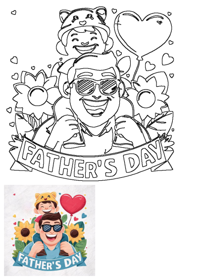 A joyful outline illustration for Father's Day, depicting a dad carrying a child with sunflowers, a heart balloon, and a 'FATHER'S DAY' banner.