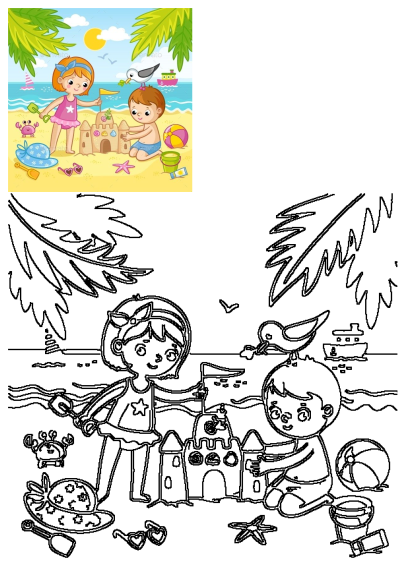 Happy cartoon kids building a sandcastle on a sunny beach. Girl and boy with palm trees, ocean, boats, crab, and beach toys.
