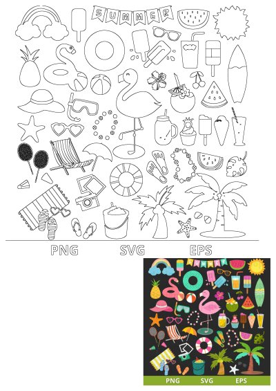 Outline clip art set for summer fun: flamingos, pineapples, watermelon, ice cream, sunglasses, beach items, and tropical elements.
