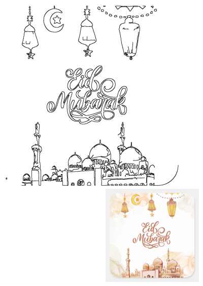 A vibrant Eid Mubarak watercolor greeting card featuring elegant calligraphy, a detailed mosque, crescent moon, and glowing lanterns. Includes design outlines.