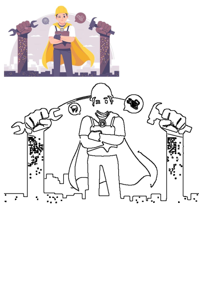 Vector art of a confident construction worker superhero with a hard hat and cape in a city, flanked by giant hands holding a wrench and hammer.