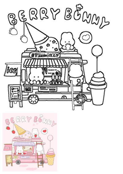 A cute Berry Bunny ice cream truck illustration featuring adorable bunnies selling strawberry ice cream and popsicles.