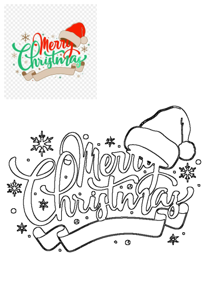 Festive Merry Christmas text with Santa hat, banner, and snowflakes. Includes a vibrant colored design and a black outline for coloring.