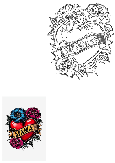 A classic Mama heart tattoo design featuring a red heart with a 'MAMA' banner, surrounded by blue and pink flowers, including line art.