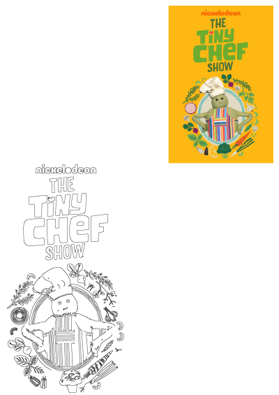 Nickelodeon The Tiny Chef Show official poster features the Tiny Chef character surrounded by vibrant vegetables and herbs. Includes an outline drawing.