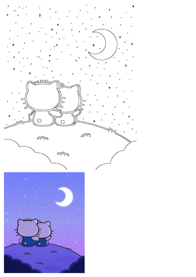 Cute Hello Kitty-style cats on a hill, gazing at a crescent moon and twinkling stars in a beautiful, kawaii night sky.