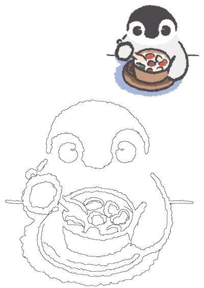 Cartoon Penguin Eating Soup Illustration showing a cute, fluffy penguin enjoying a meal, alongside a black outline version for drawing activities.