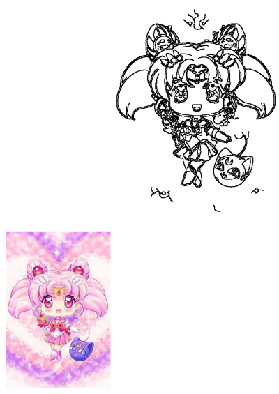 Chibi Sailor Chibimoon pink hair anime character with purple cat illustration and a line art sketch of the floating character.