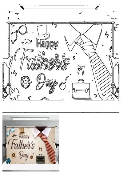 Happy Father's Day backdrop design featuring a tie, top hat, briefcase, mustache, eyeglasses, coffee, and pipe for celebration photos.