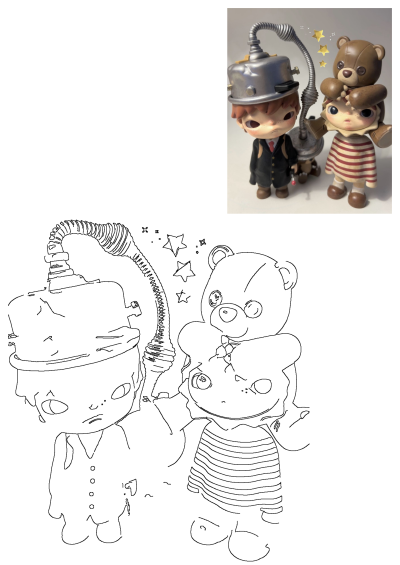 Two posed artist toy figures: a steampunk boy with a helmet and a girl with a teddy bear, shown as photo and line art.