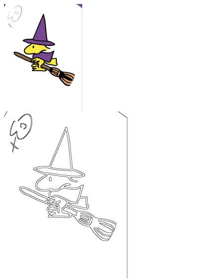 Woodstock cartoon as a witch in a purple hat and cape, flying a broom. A fun Halloween illustration for fans of the Peanuts character.