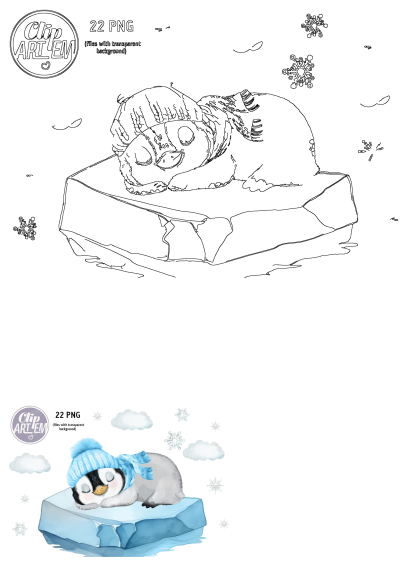 Adorable baby penguin sleeping soundly on an ice floe, wearing a cozy blue knitted hat and scarf, surrounded by whimsical snowflakes and clouds.