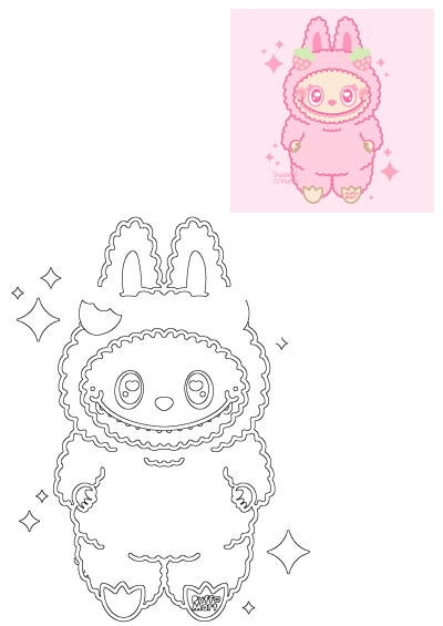 Cute pink strawberry bunny character illustration, featuring a vibrant colored version and a detailed black and white outline for coloring.