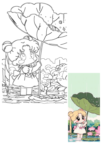 Adorable chibi Sailor Moon cartoon girl sheltering from rain under a large lily pad umbrella in a beautiful lotus pond.