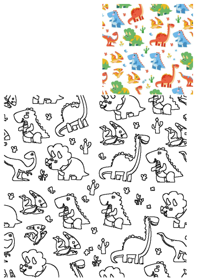 A vibrant seamless pattern featuring cute cartoon dinosaurs and plants in color, alongside its black outline version on white.