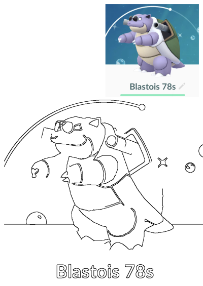A stylish Pokemon Go Blastoise with sunglasses and a green backpack, shown as a vibrant in-game render and a detailed outline.