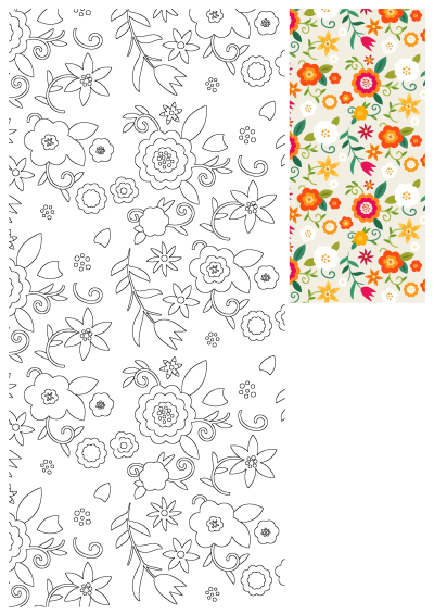 A vibrant orange and red floral seamless pattern with stylized flowers and green leaves, also shown in black outline on a white background.