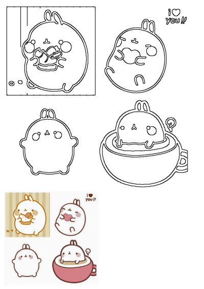Collection of cute Molang-style cartoon bunny outlines and illustrations. Features bunnies eating, in a teacup, and showing love.