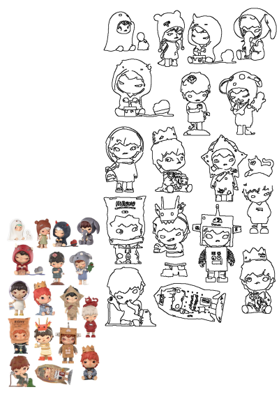 Hirono figurines collection arranged in rows, featuring various characters in both vibrant color and detailed outline illustrations.