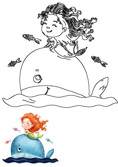 Adorable redhead mermaid with vibrant hair and green tail atop a friendly blue whale in wavy seas, surrounded by small fish. Charming ocean illustration.