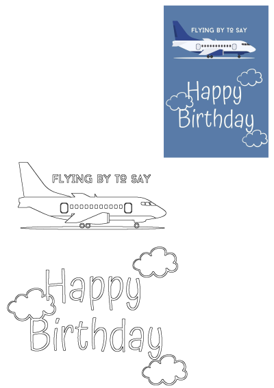 A blue background illustration of a white and blue airplane flying with 'Happy Birthday' text. Includes a black and white outline version.