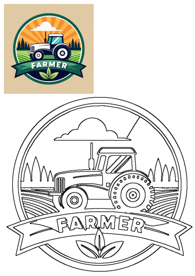 Vibrant farming logo featuring a white tractor, green field, sunburst sky, trees, and 'FARMER' banner for agricultural branding.